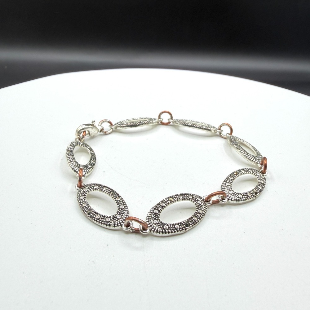 Silver & Copper Tone Marcasite Style Oval Link Bracelet Accent Boho Statement